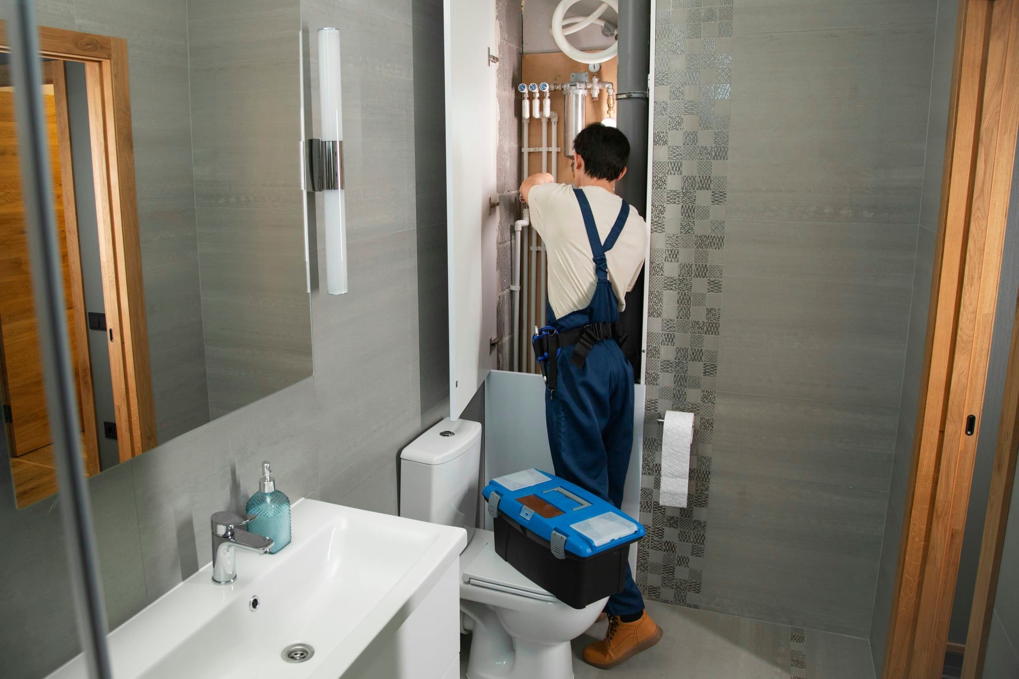 A plumber in overalls works on the pipes behind a bathroom wall panel